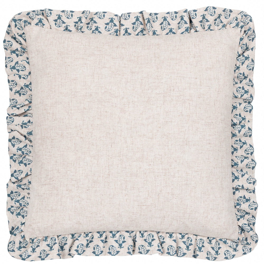 Lulah Block Printed Ruffle Cushion Linen/Blue