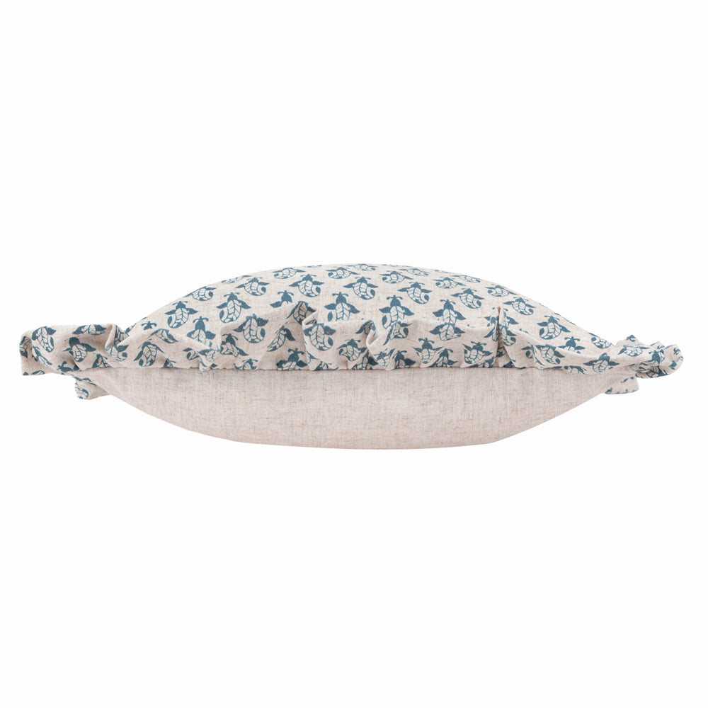 Lulah Block Printed Ruffle Cushion Linen/Blue