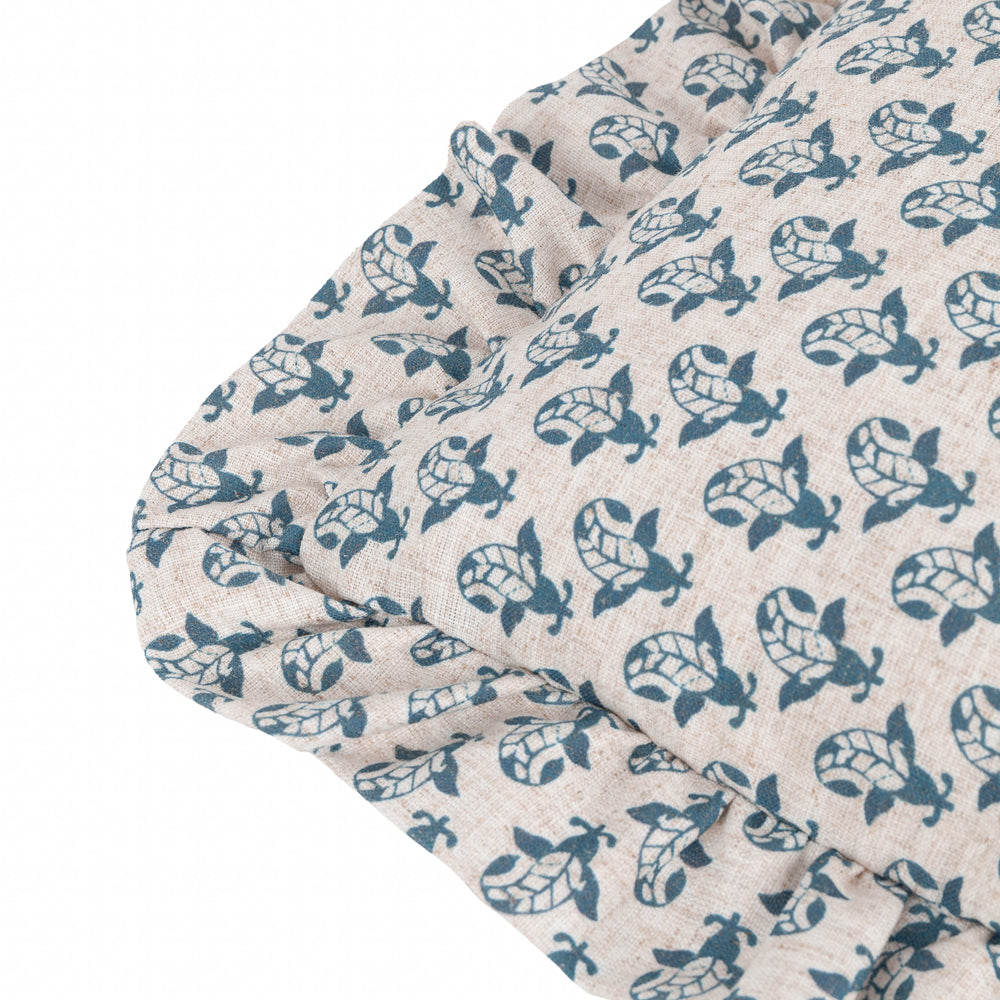 Lulah Block Printed Ruffle Cushion Linen/Blue