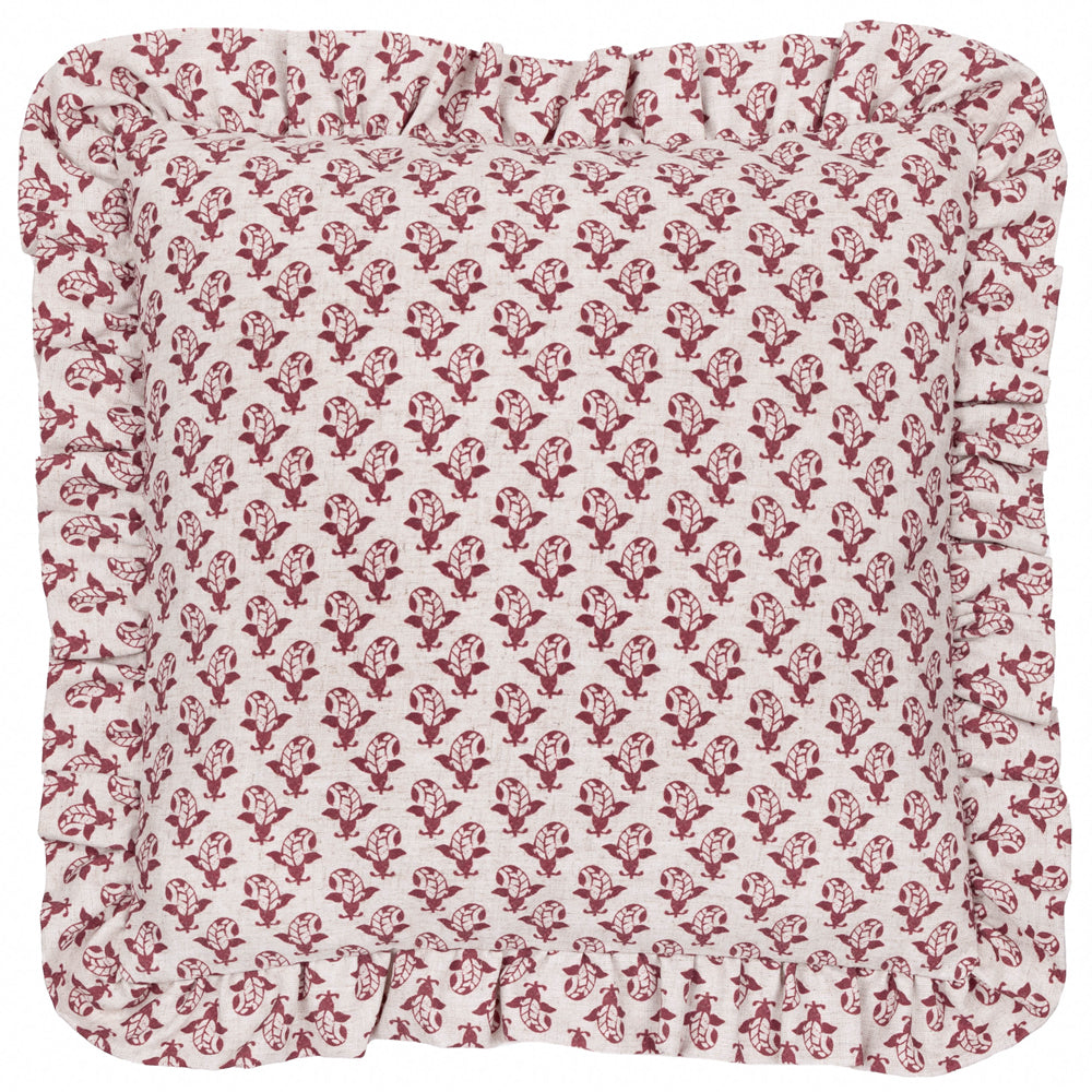 Lulah Block Printed Ruffle Cushion Linen/Red