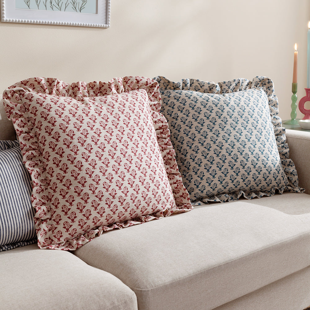 Lulah Block Printed Ruffle Cushion Linen/Red