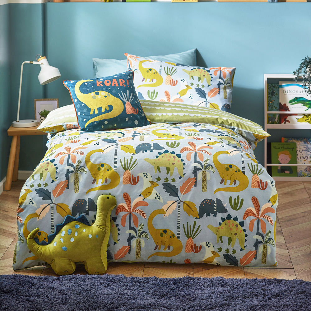 Little Dinos Green Scandi Duvet Cover Set Blue Green Bedding little furn. furn