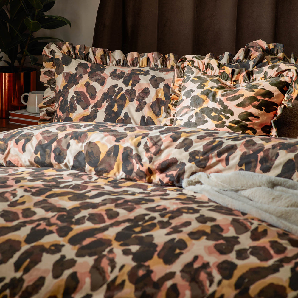 Leopard Printed Frill Trim Duvet Cover Set Multicolour