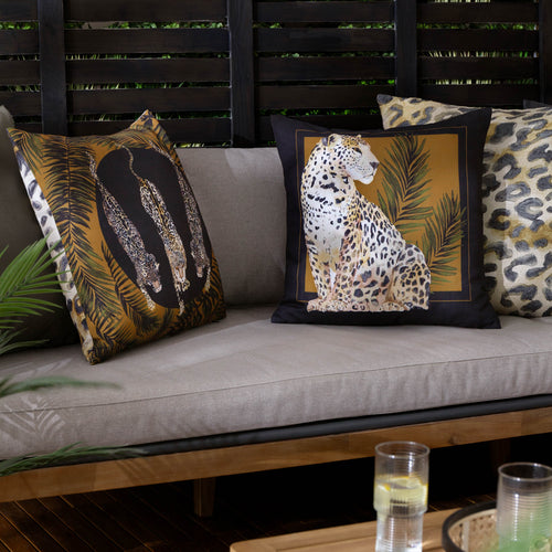 Animal Black Cushions - Leopardis Cat Printed Outdoor Cushion Cover Black/Gold Paoletti