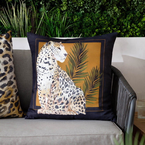 Animal Black Cushions - Leopardis Cat Printed Outdoor Cushion Cover Black/Gold Paoletti