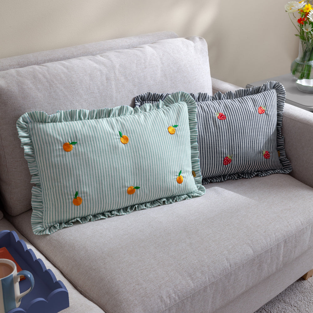 Les Fruites Embroidered Ruffle Cushion Strawberries