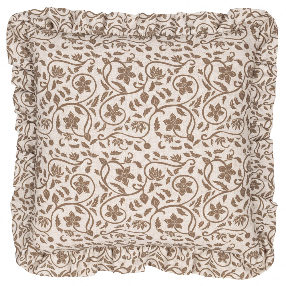 Linen Filigree Printed Ruffle Cushion Linen/Olive