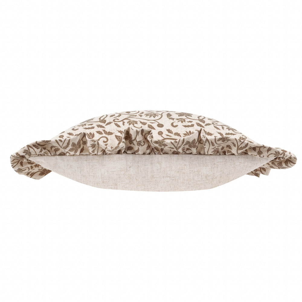 Linen Filigree Printed Ruffle Cushion Linen/Olive