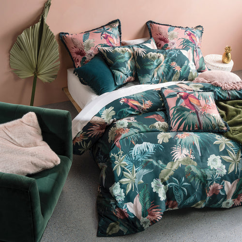 Linen House Fernanda Botanical 100% Cotton Duvet Cover Set in Teal/Leaf Green