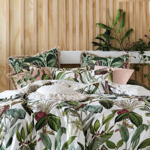 Jungle Green Bedding - Wonderplant Exotic Botanical Pillowcase Ivory/Green Linen House