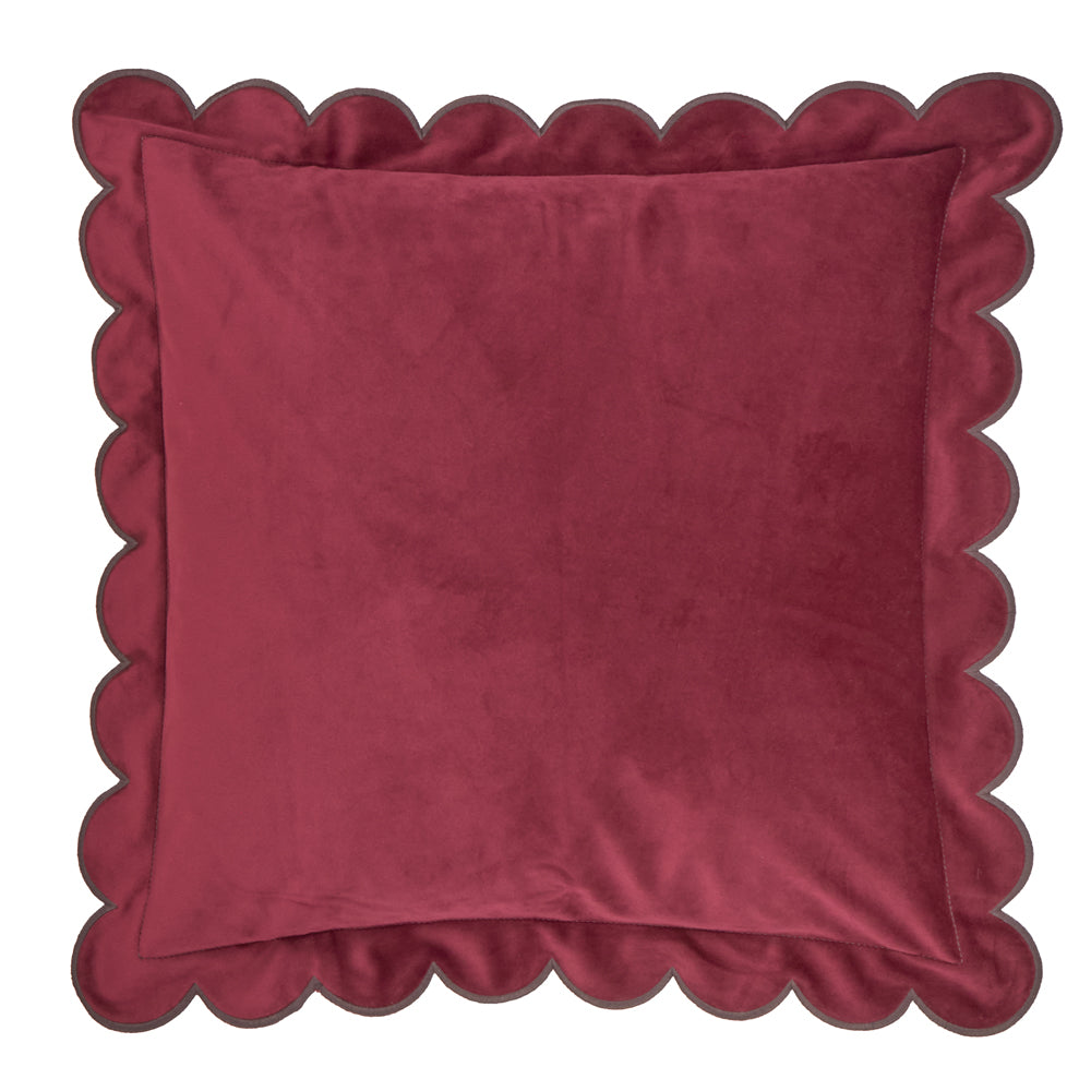 Plain Red Cushions - Lil Scallop Velvet Cushion Cover Burgundy/Chocolate Furn