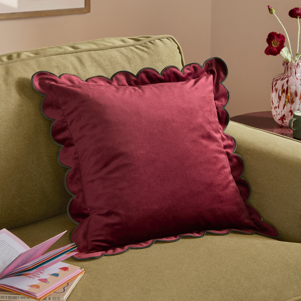 Plain Red Cushions - Lil Scallop Velvet Cushion Cover Burgundy/Chocolate Furn