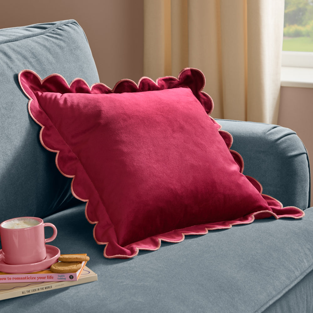 Plain Red Cushions - Lil Scallop Velvet Cushion Cover Burgundy/Slipper Furn