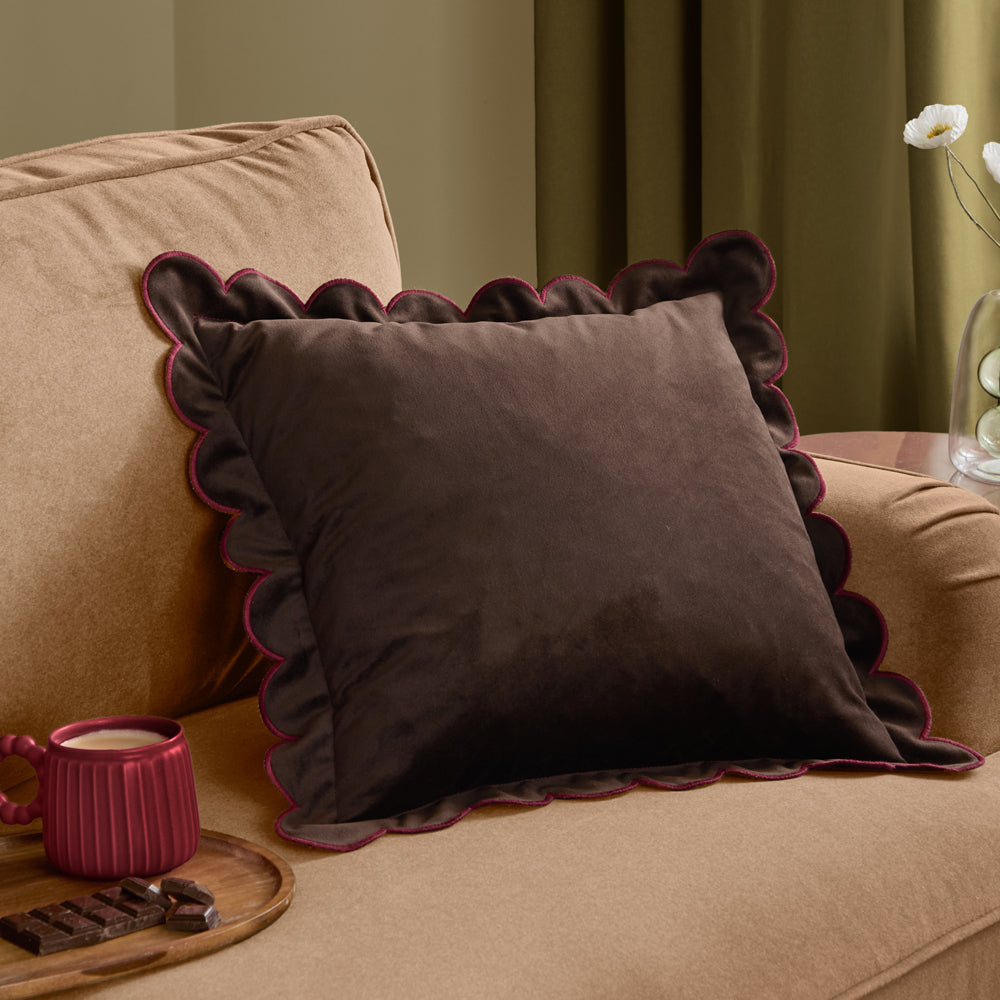 Plain Brown Cushions - Lil Scallop Velvet Cushion Cover Chocolate/Burgundy Furn