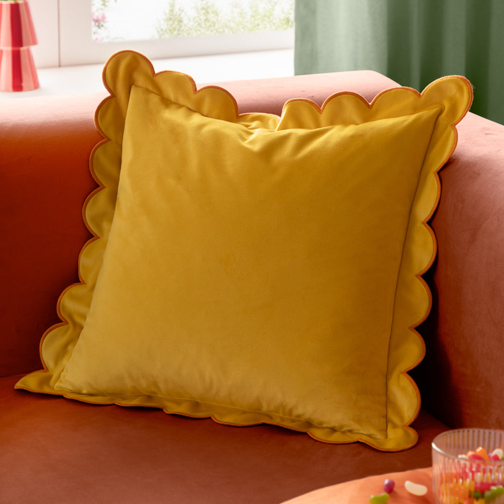 Plain Yellow Cushions - Lil Scallop Velvet Cushion Cover Lemon/Ginger Furn