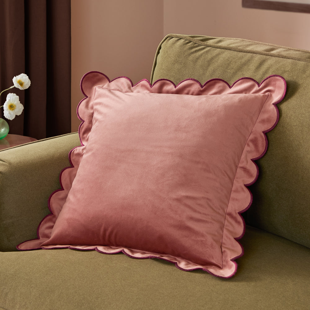 Plain Pink Cushions - Lil Scallop Velvet Cushion Cover Slipper/Burgundy Furn