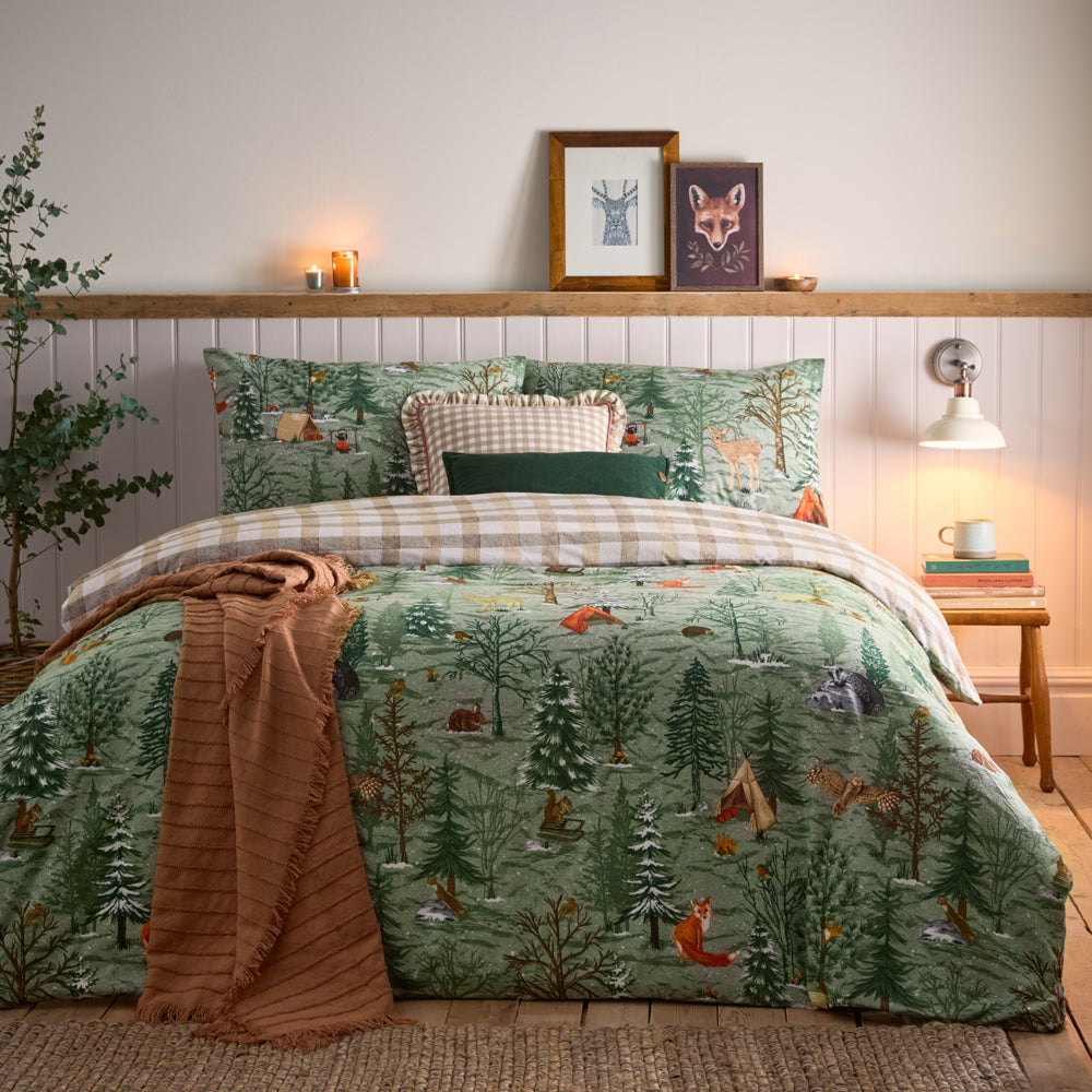 Animal Green Bedding - Lodge Wood 100% Brushed Cotton Duvet Cover Set Oak Green furn.