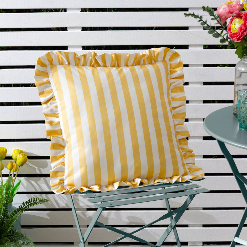Striped White Cushions - Lottie Striped Ruffle Outdoor Cushion Cover Yellow furn.
