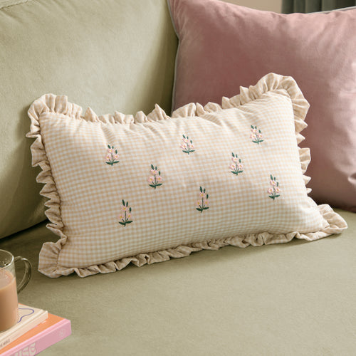 Check Beige Cushions - Les Petite Fleurs Gingham Ruffle Cushion Cover Natural Furn