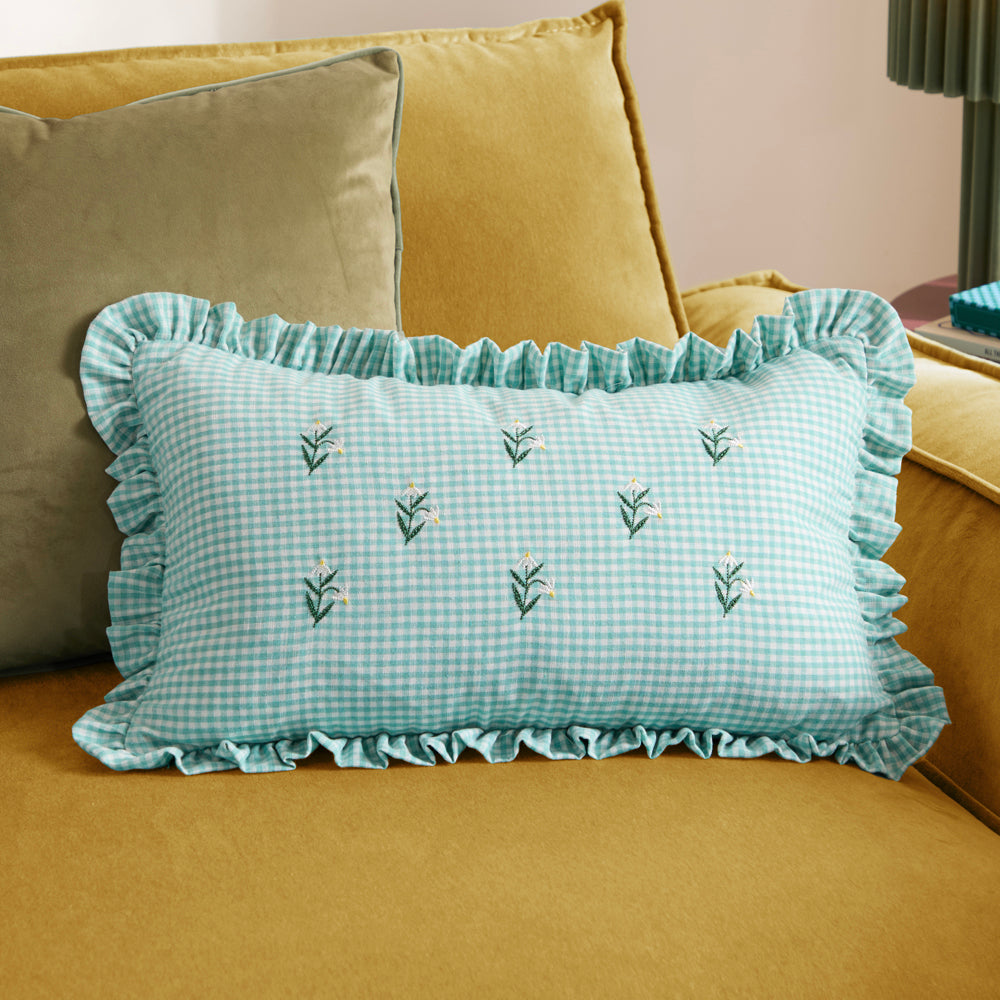 Les Petite Fleurs Gingham Ruffle Cushion Spring Green
