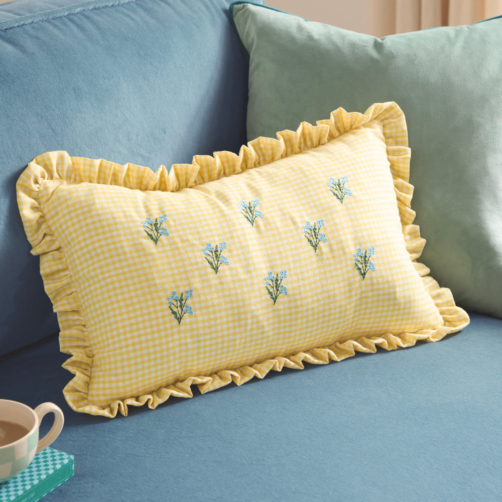 Check Yellow Cushions - Les Petite Fleurs Gingham Ruffle Cushion Cover Yellow Furn