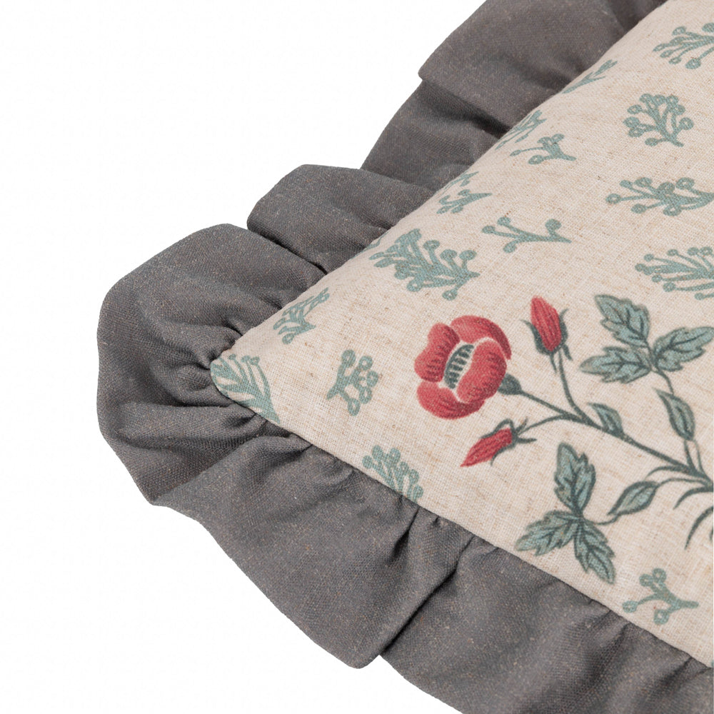 Linen Renata Floral Printed Ruffle Cushion Multicolour