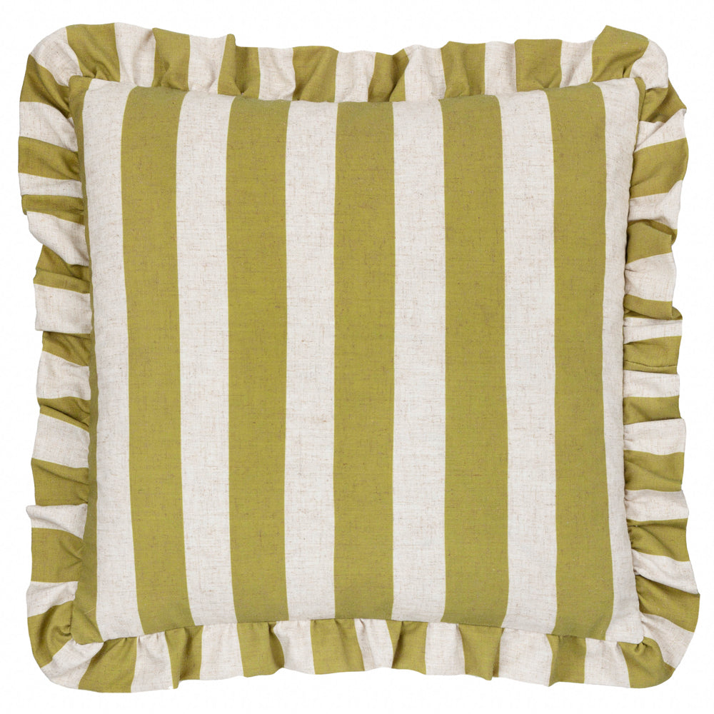 Linen Stripe Printed Ruffle Cushion Linen/Olive