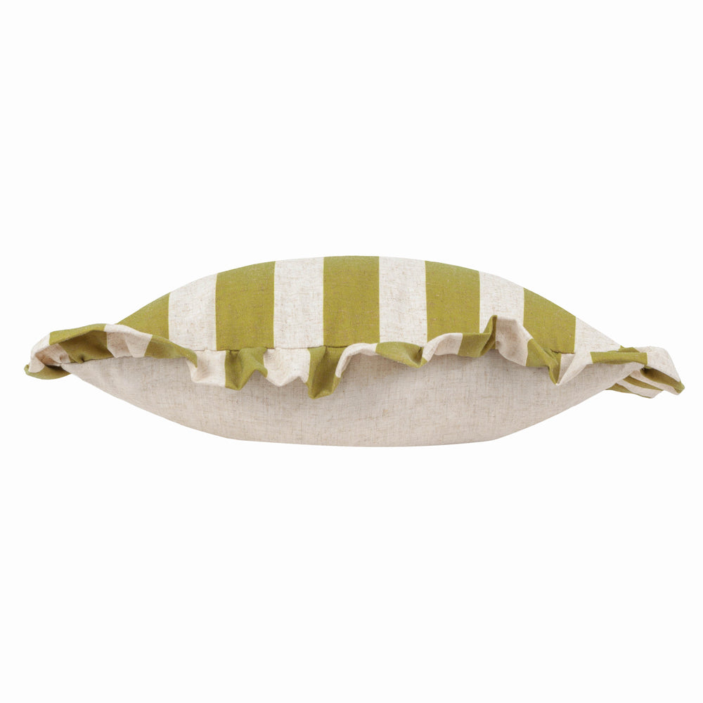 Linen Stripe Printed Ruffle Cushion Linen/Olive