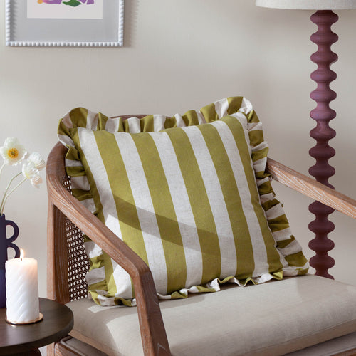 Striped Green Cushions - Linen Stripe Printed Ruffle Cushion Cover Linen/Olive furn.