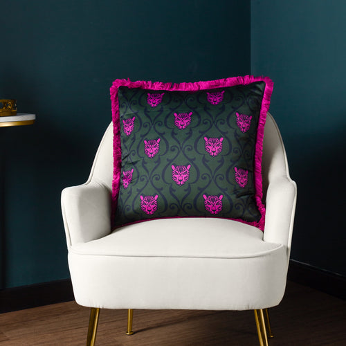 Animal Pink Cushions - Lupita Fringed Cheetah Cushion Cover Emerald/Pink Paoletti