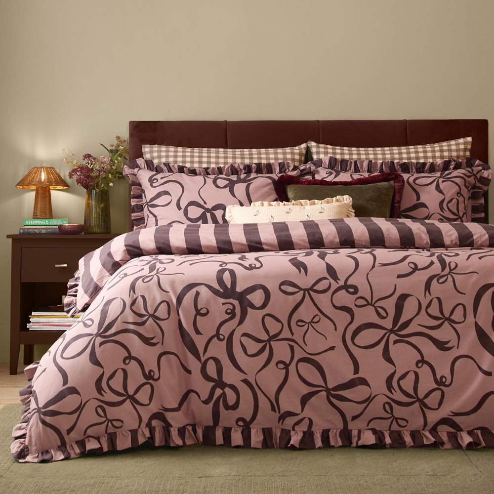 Striped Pink Bedding - La Vie En Bows Reversible Duvet Cover Set Mocha Furn