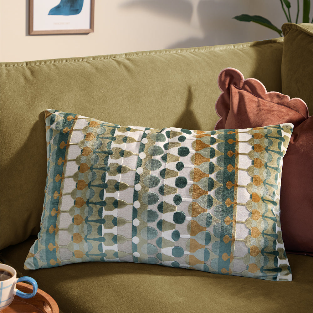 Geometric Green Cushions - Metro Abstract Velvet Jacquard Cushion Cover Green Furn