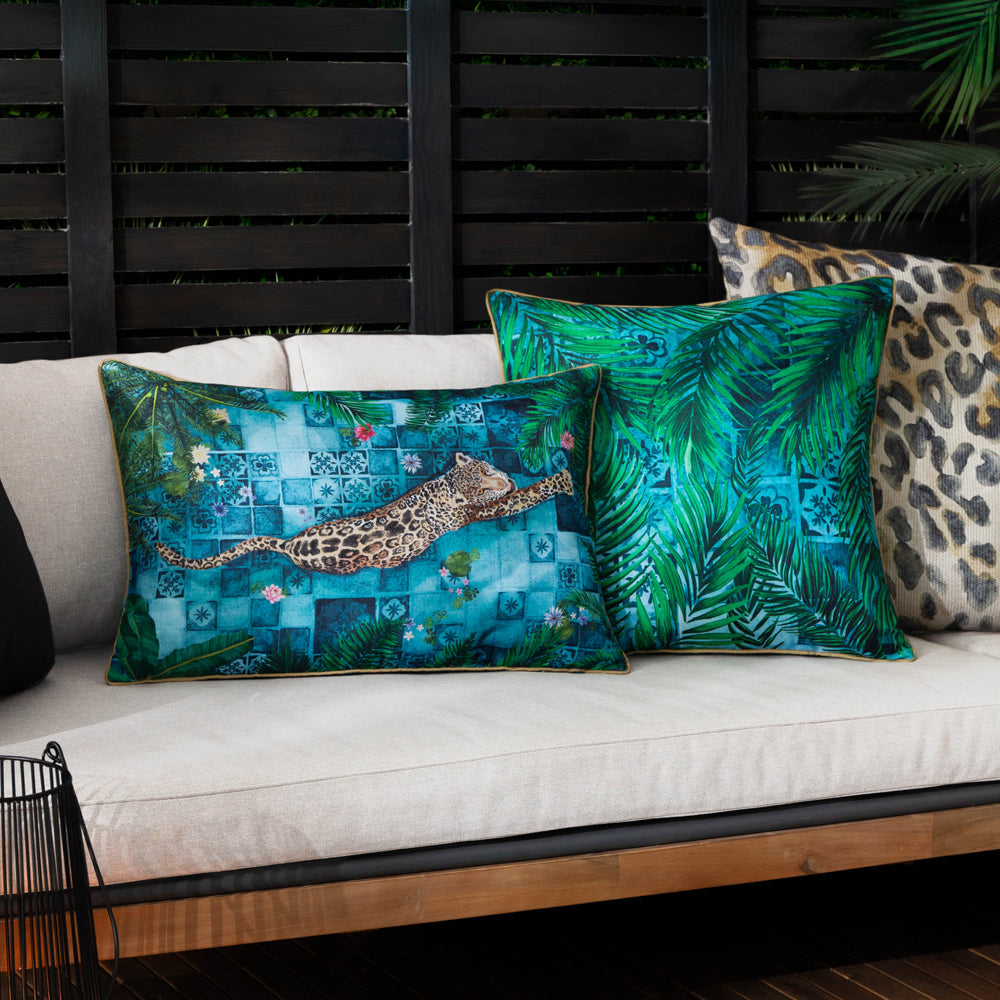 Majorelle Leopard Outdoor Piped Cushion Azure