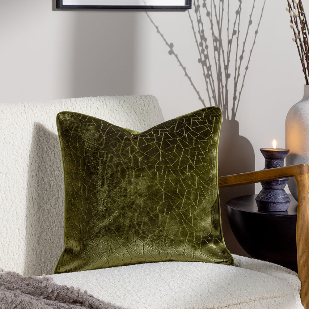 Geometric Green Cushions - Malans Cut Velvet Piped Cushion Cover Olive HÖEM