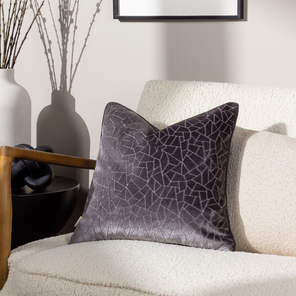 Geometric Grey Cushions - Malans Cut Velvet Piped Cushion Cover Stargazer Grey HÖEM