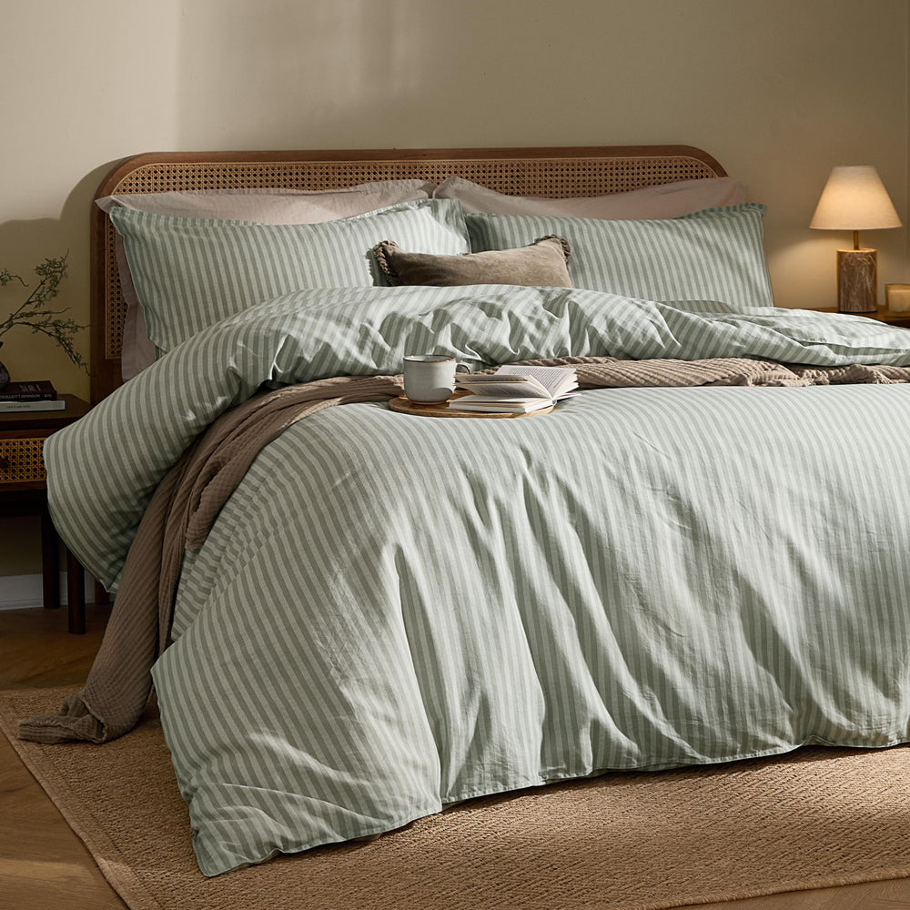 Marlow Stripe 100% Cotton Duvet Cover Set Artichoke/Sage