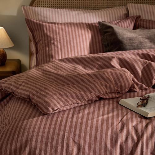 Marlow Stripe 100% Cotton Duvet Cover Set Chocolate/Rosewood