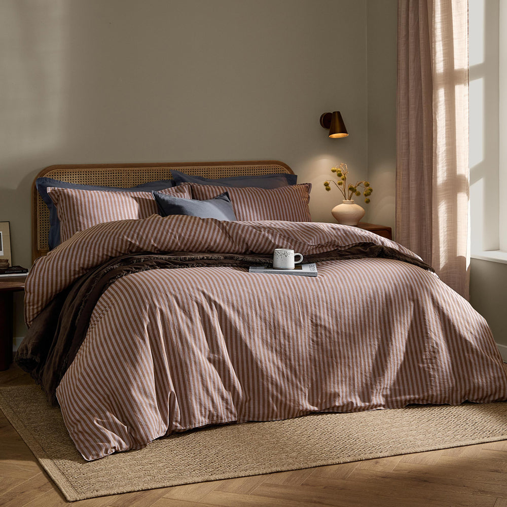 Striped Brown Bedding - Marlow Stripe 100% Cotton Duvet Cover Set Cocoa/Vintage Blue Yard