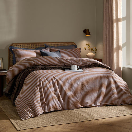 Striped Brown Bedding - Marlow Stripe 100% Cotton Duvet Cover Set Cocoa/Vintage Blue Yard