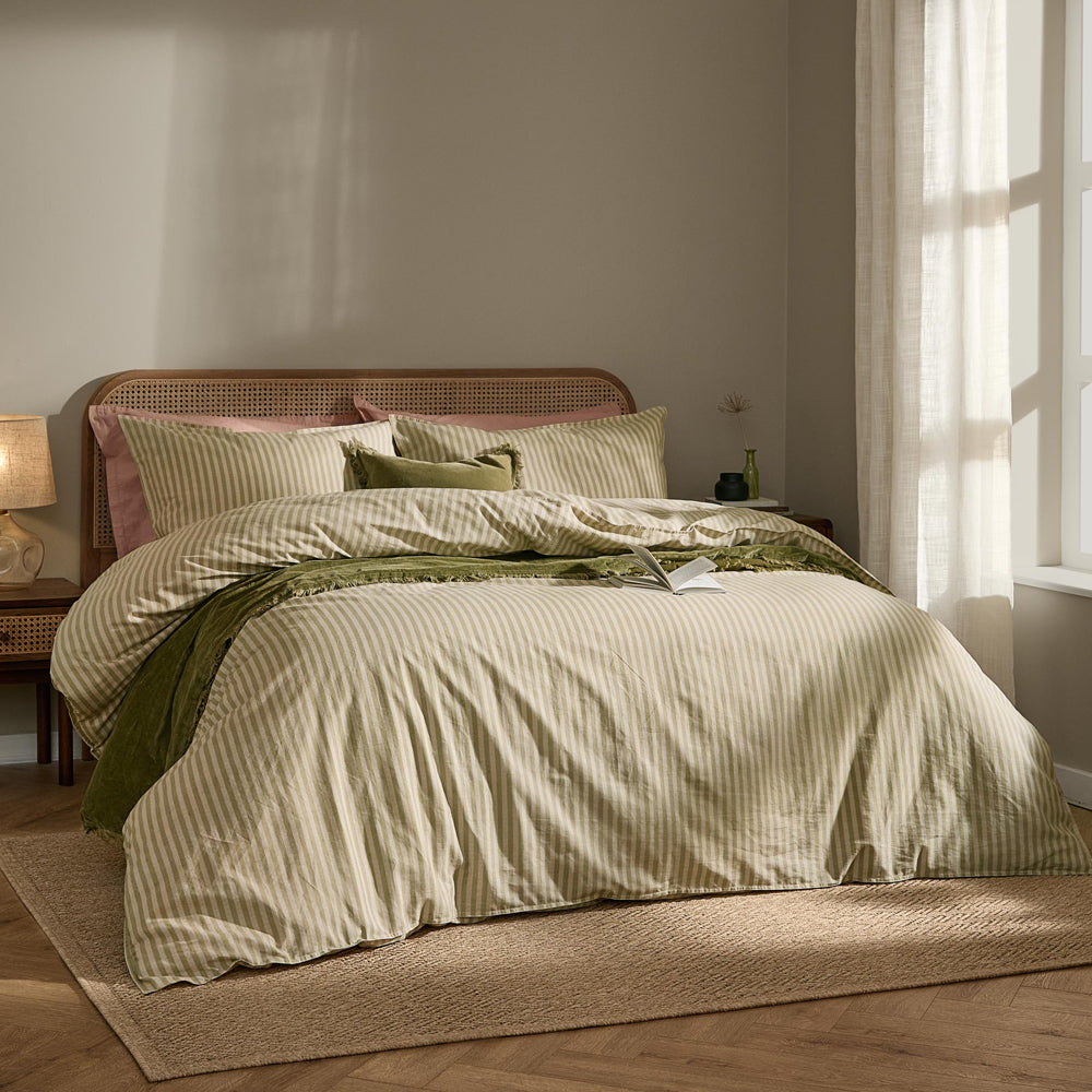 Striped Green Bedding - Marlow Stripe 100% Cotton Duvet Cover Set Oregano/Shell Yard