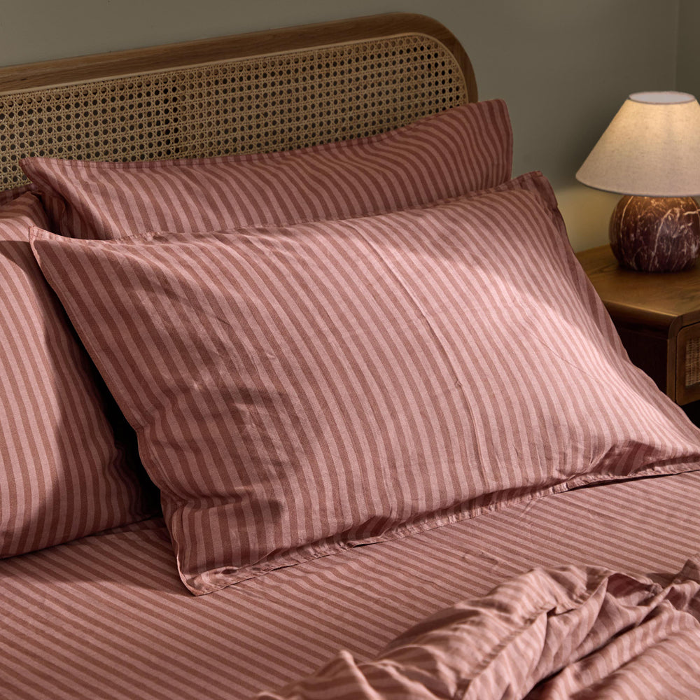 Marlow Stripe 100% Cotton Pillowcase Pair Chocolate/Rosewood