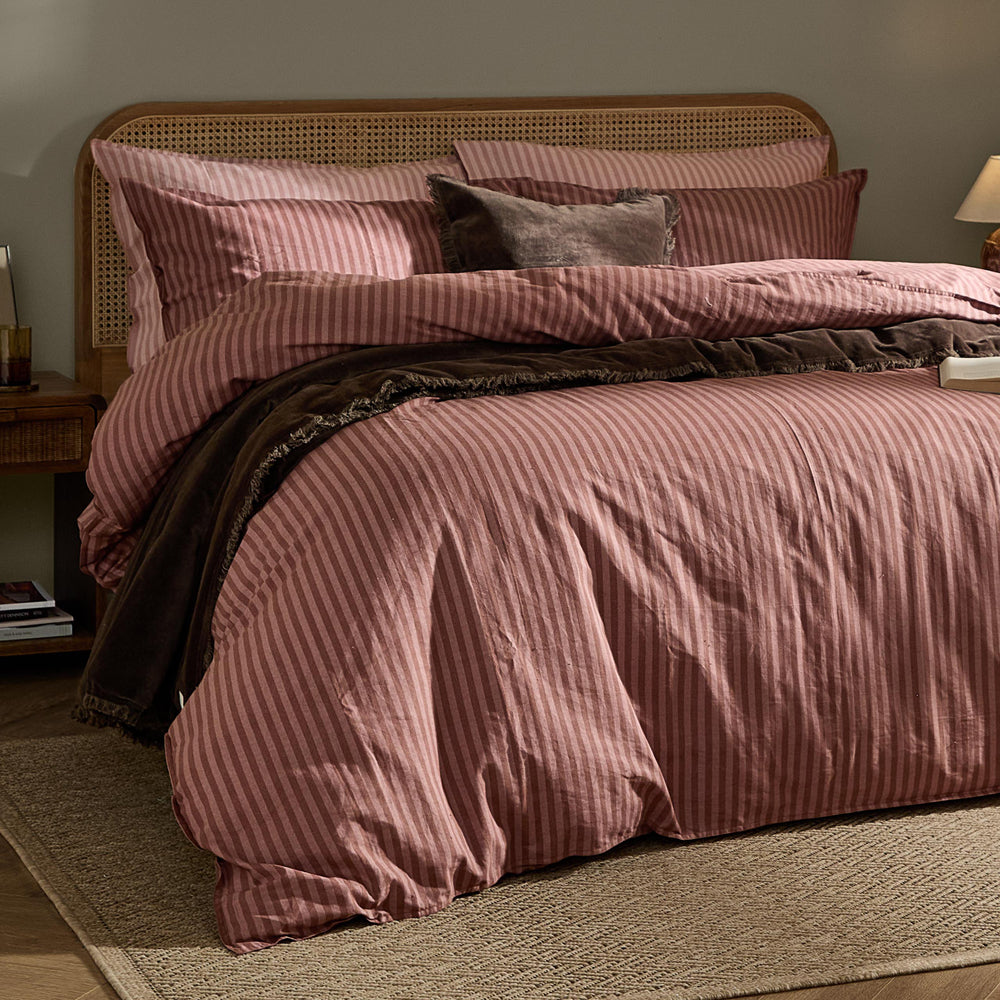 Marlow Stripe 100% Cotton Pillowcase Pair Chocolate/Rosewood