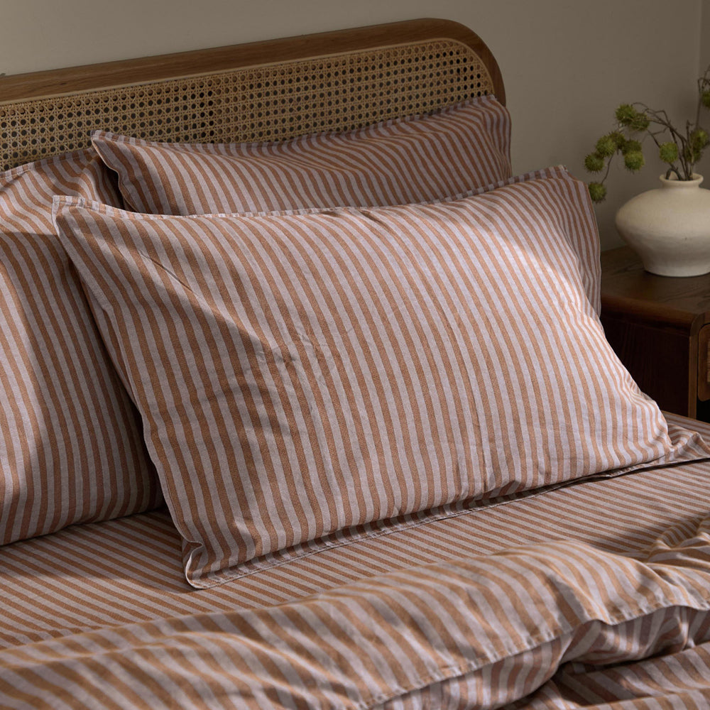 Striped Brown Bedding - Marlow Stripe 100% Cotton Pillowcase Pair Cocoa/Vintage Blue Yard