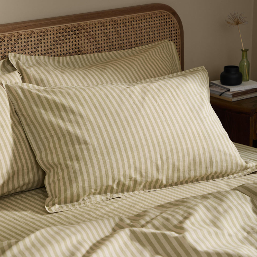 Striped Green Bedding - Marlow Stripe 100% Cotton Pillowcase Pair Oregano/Shell Yard
