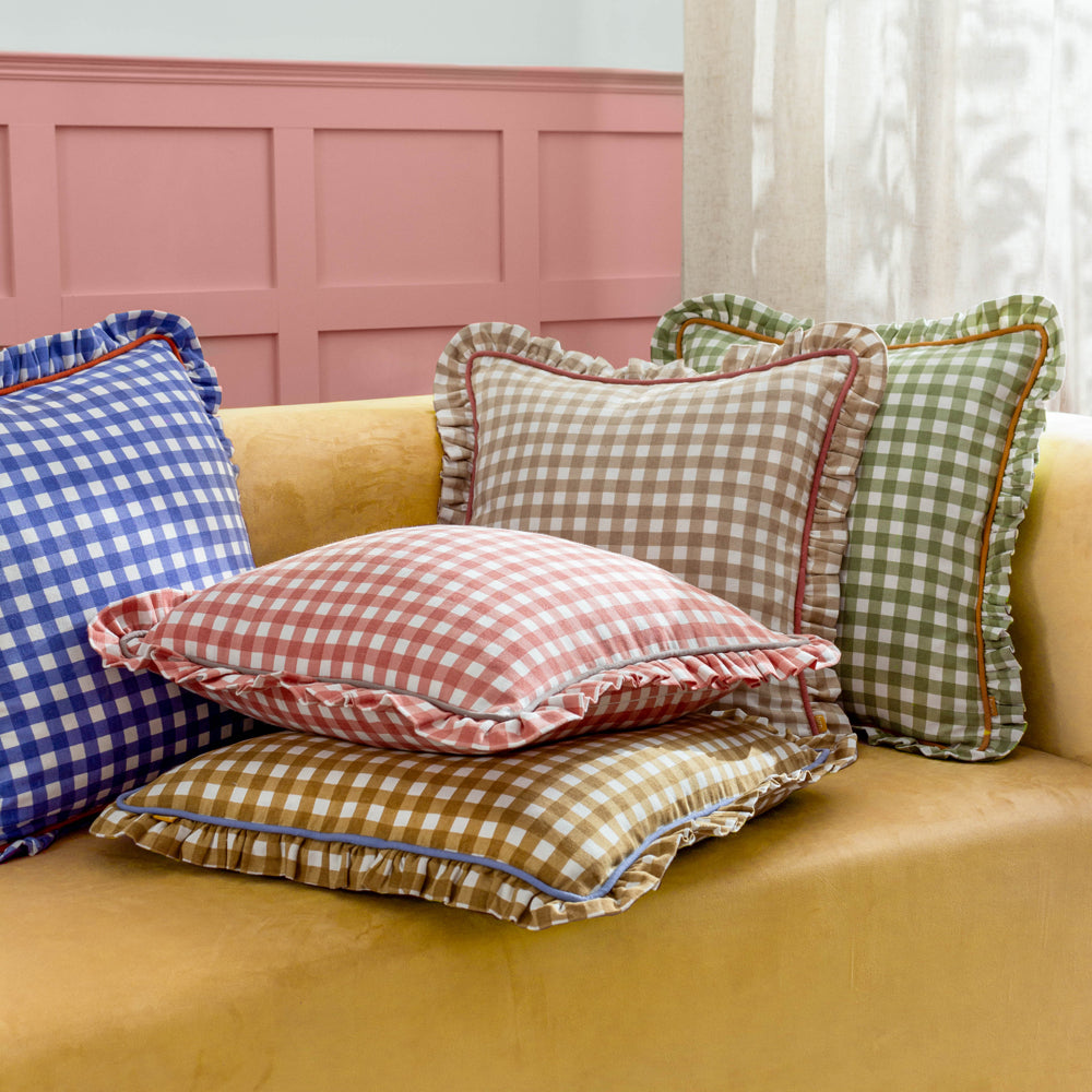 Maude Gingham Reversible Piped Cushion Rose