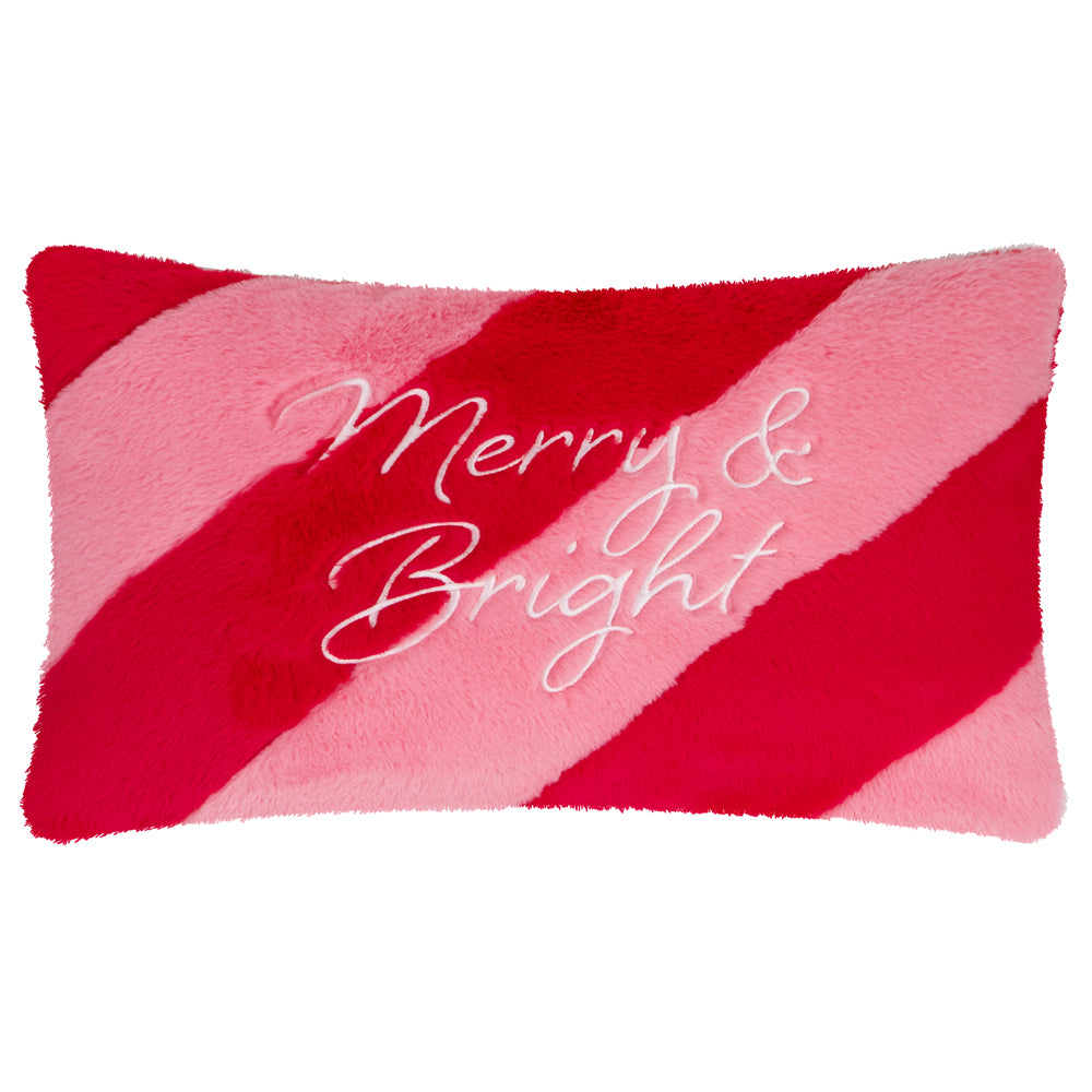 Merry & Bright Faux Fur Stripe Cushion Red/Pink