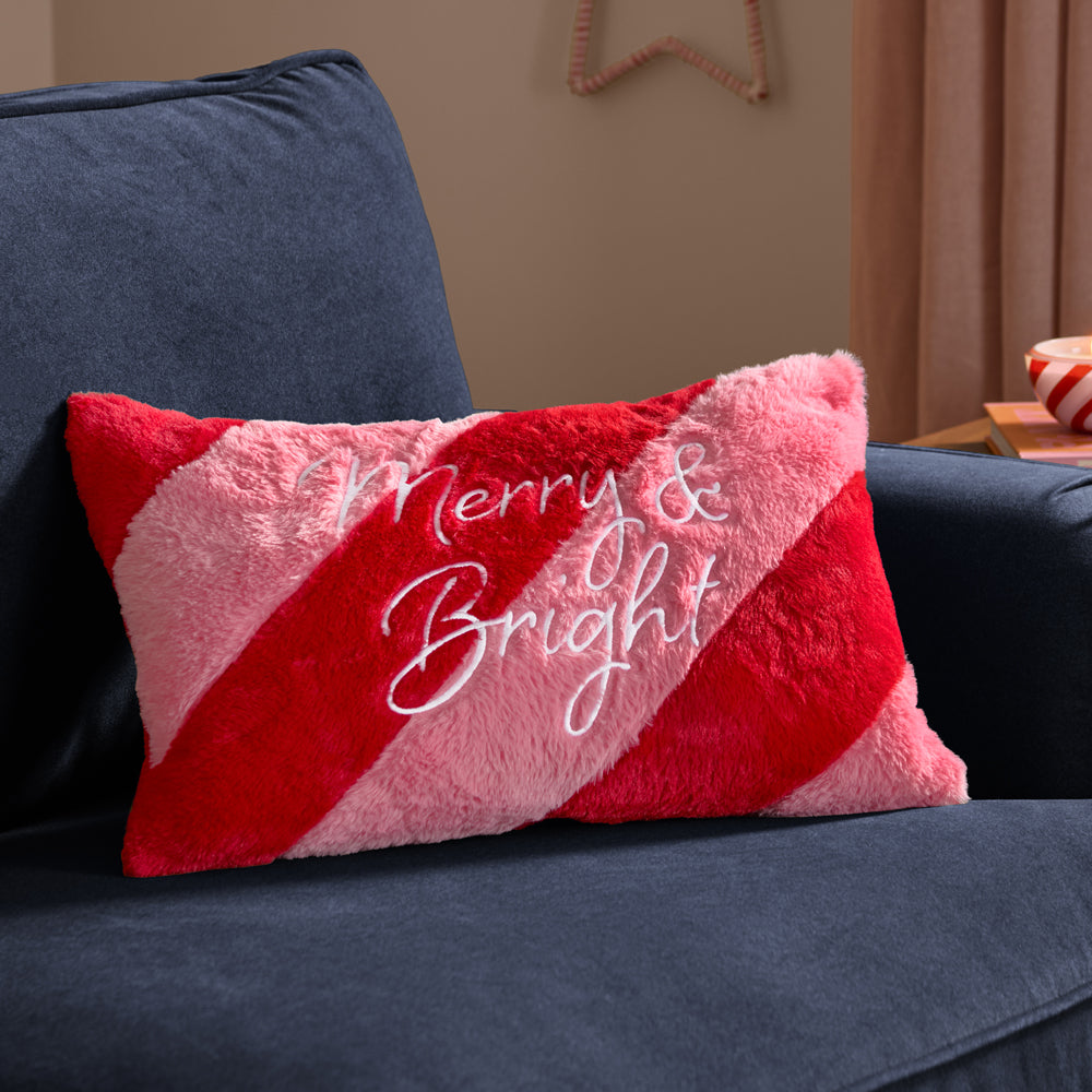 Striped Red Cushions - Merry & Bright Faux Fur Stripe Cushion Cover Red/Pink Furn