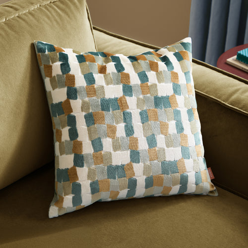 Abstract Green Cushions - Metro Blocks Velvet Jacquard Cushion Cover Green Furn