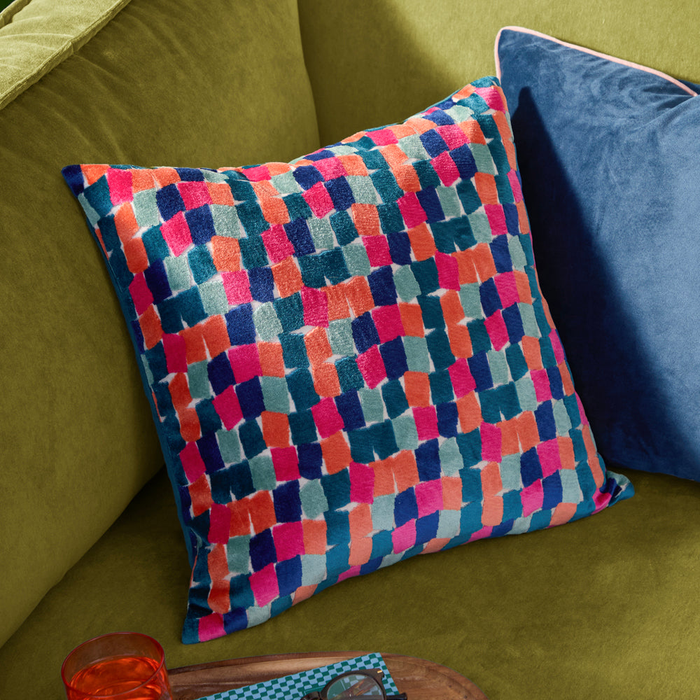 Abstract Multi Cushions - Metro Blocks Velvet Jacquard Cushion Cover Multicolour Furn