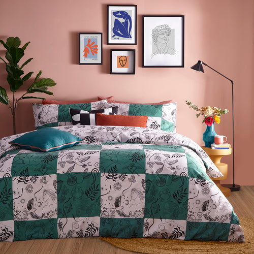 Abstract Green Bedding - Mythos Checkerboard Printed Checked Reversible Duvet Cover Set Green/Natural furn.